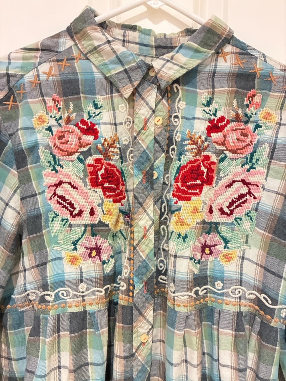 Johnny Was Flannel Plaid Button-Up in Teal, Green, Cream, Gray - Picture 2 of 6